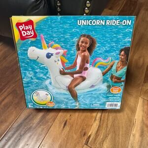 Play Day Unicorn Ride-On Inflatable Pool Float – 61” with Repair Patch (Ages 9+)
